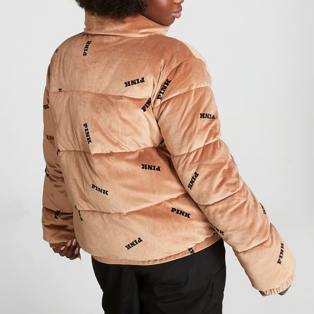 PINK VS RIB VELOUR CROP PUFFER JACKET sz Medium - Picture 4 of 5